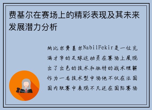 费基尔在赛场上的精彩表现及其未来发展潜力分析 费基尔在赛场上的精彩表现及其未来发展潜力分析