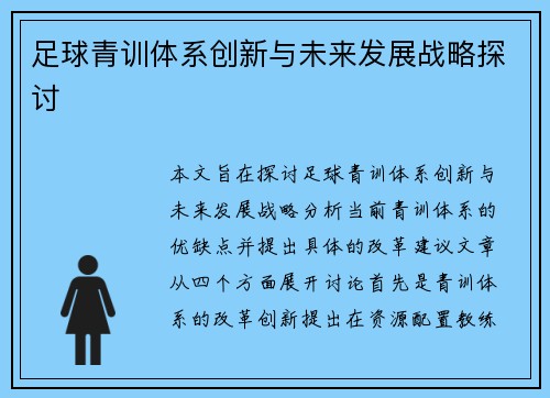 足球青训体系创新与未来发展战略探讨