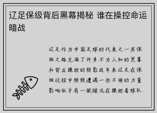 辽足保级背后黑幕揭秘 谁在操控命运暗战 辽足保级背后黑幕揭秘 谁在操控命运暗战