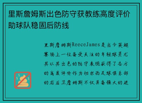 里斯詹姆斯出色防守获教练高度评价助球队稳固后防线 里斯詹姆斯出色防守获教练高度评价助球队稳固后防线