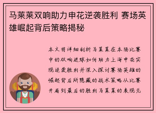 马莱莱双响助力申花逆袭胜利 赛场英雄崛起背后策略揭秘 马莱莱双响助力申花逆袭胜利 赛场英雄崛起背后策略揭秘